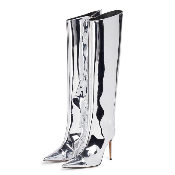 Shoes - Missheel Metallic Sexy Stiletto Wide Calf Knee High Boots Side Zipper, Size 36